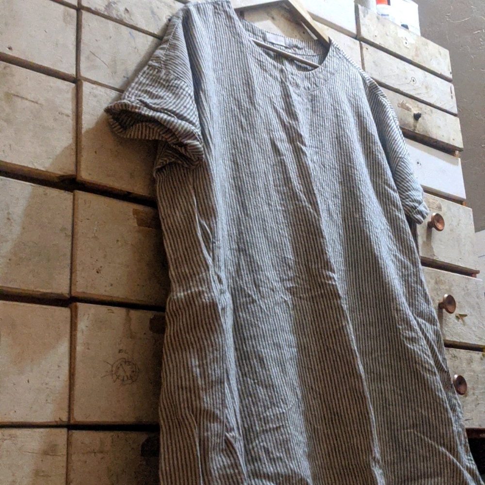 Striped Ticking Shift Style Linen Dress in blue grey from Not Perfect Linen